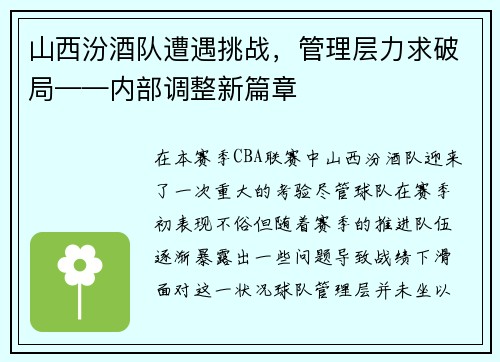 山西汾酒队遭遇挑战，管理层力求破局——内部调整新篇章